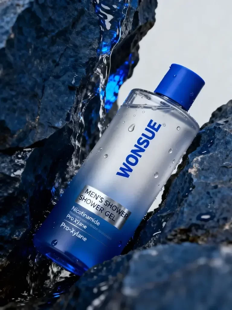 Mens Shower Gel Blue Bottle Water Rocks