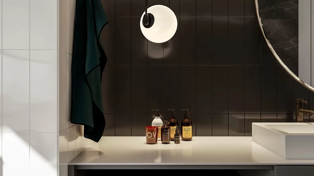 Minimalist Bathroom Dark Tiles White Countertop Clean Lines Neutral Color