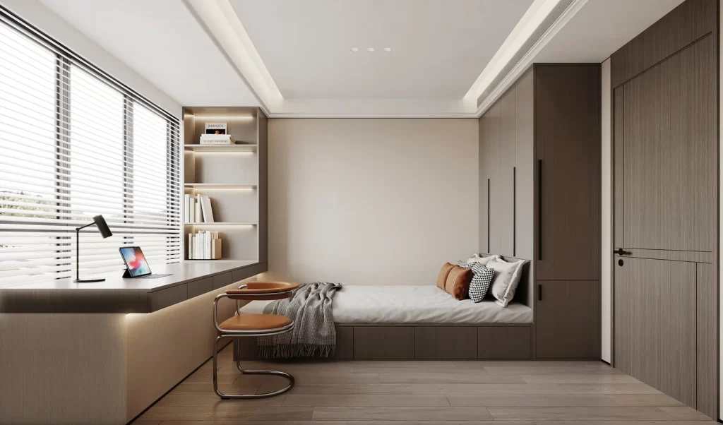 Minimalist Bedroom Neutral Tones Built Storage Natural Light Wooden Floor