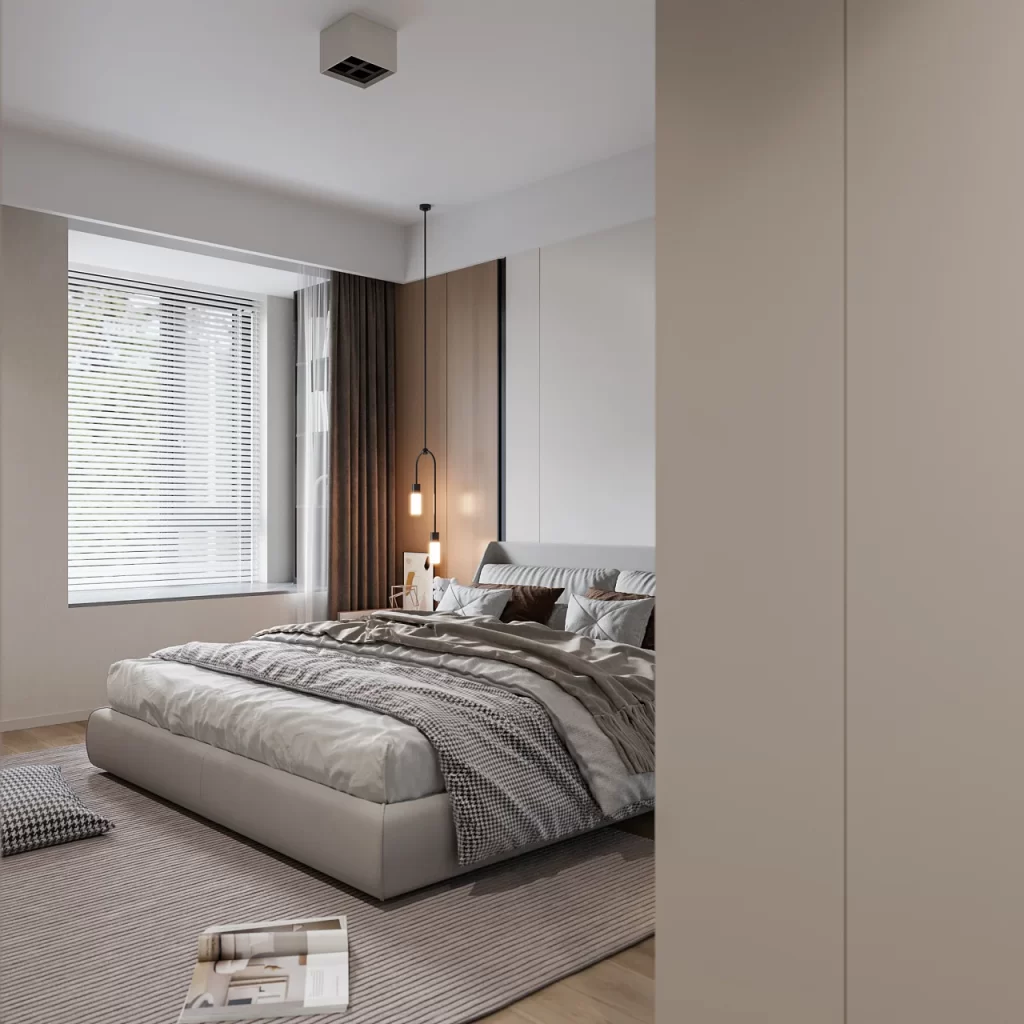 Minimalist Bedroom Neutral Tones Wooden Floor Large Window Soft Lighting