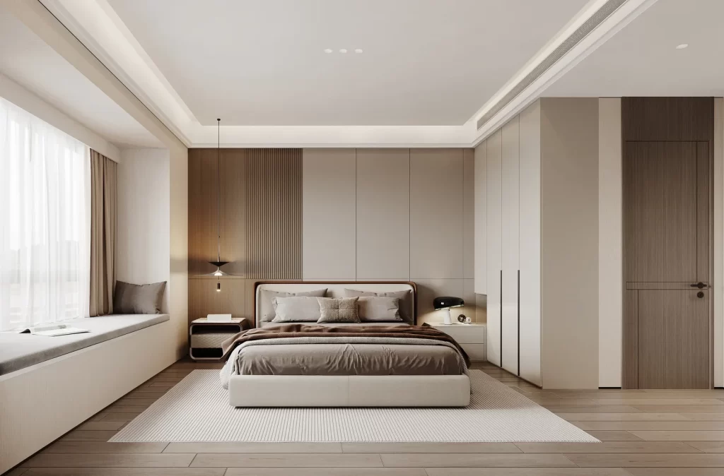 Minimalist Bedroom Neutral Tones Wooden Floor Large Window Soft Lighting