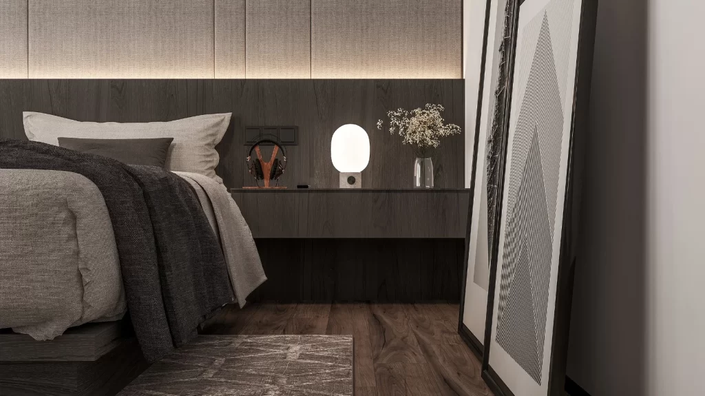 Minimalist Bedroom Neutral Tones Wooden Floor Simple Decor Headphones Lamp