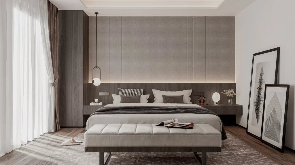 Minimalist Bedroom Neutral Tones Wooden Floor Soft Lighting Simple Decor
