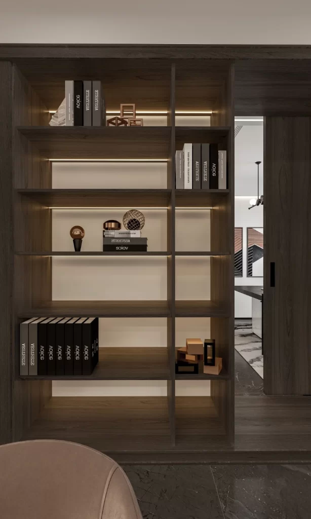 Minimalist Bookshelf Neutral Tones Decorative Objects Soft Lighting