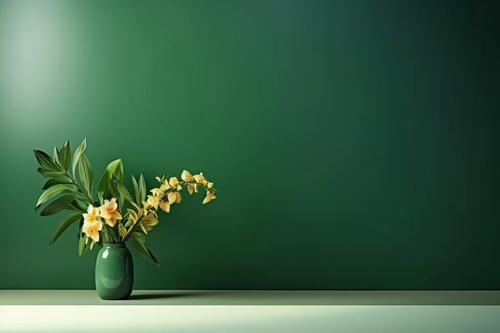 Minimalist Botanical Still Life with Green Vase and Pale Yellow Flowers