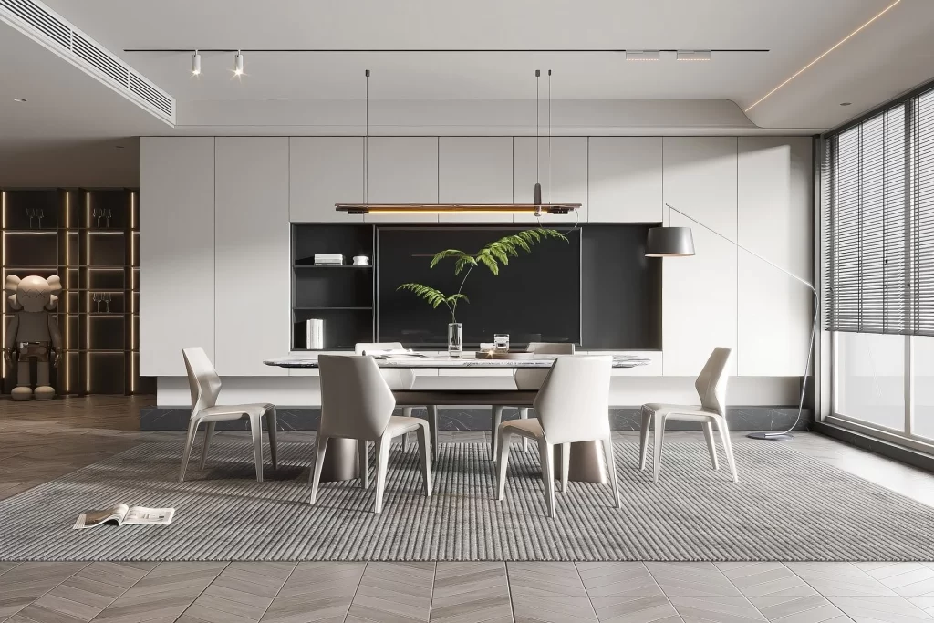 Minimalist Dining Room Neutral Tones Modern Furniture Large Windows Indoor Plant
