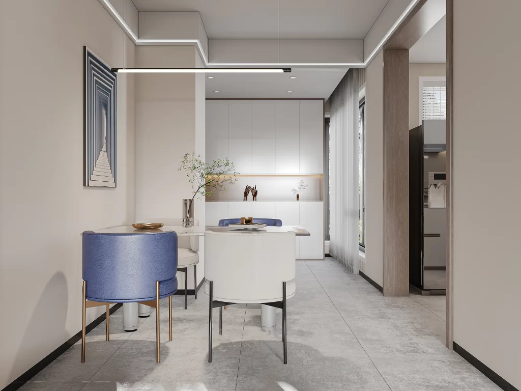 Minimalist Dining Space Neutral Tones Modern Furniture Artistic Decorations Natural Light