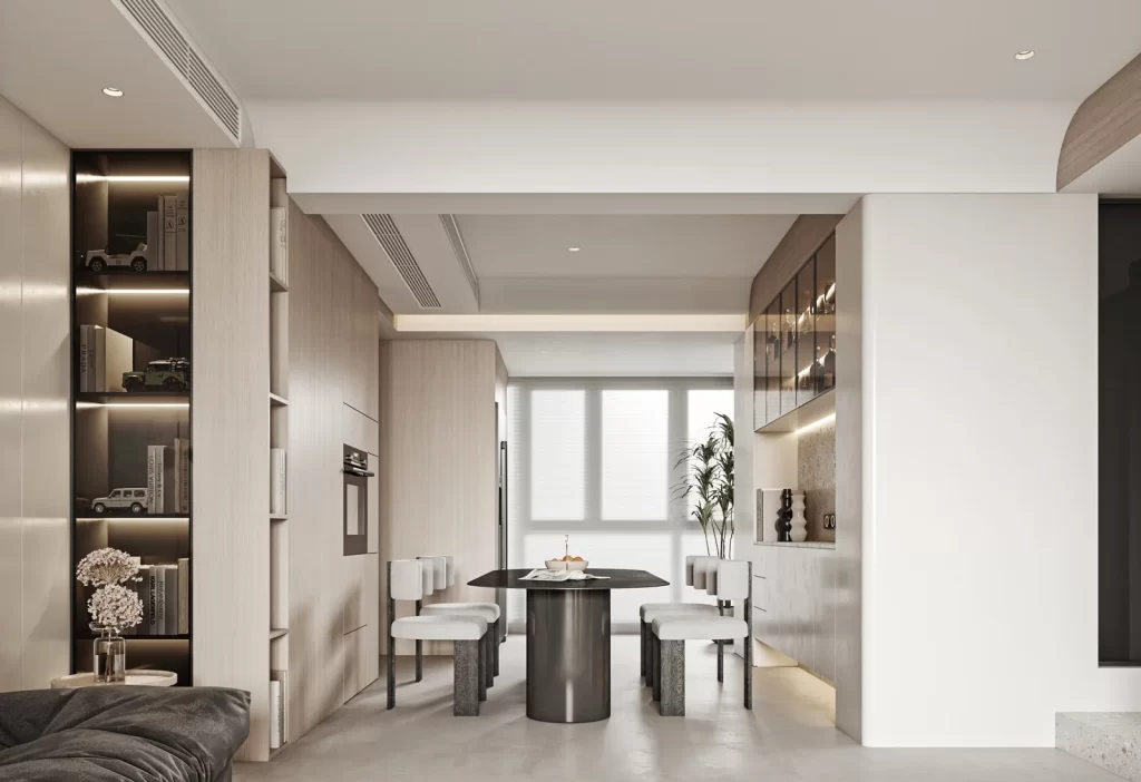 Minimalist Dining Space Neutral Tones Wooden Accents Integrated Shelving Natural Light
