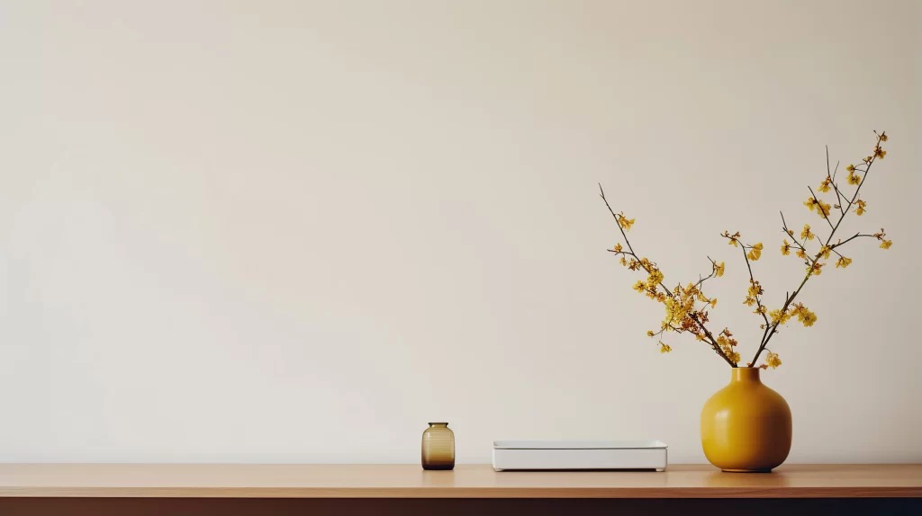 Minimalist Home Decor with Yellow Ceramic Vase and Flowers