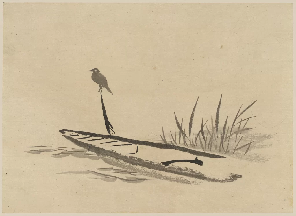 Minimalist Ink Wash Painting Bird Reeds Boat Monochrome Traditional Art