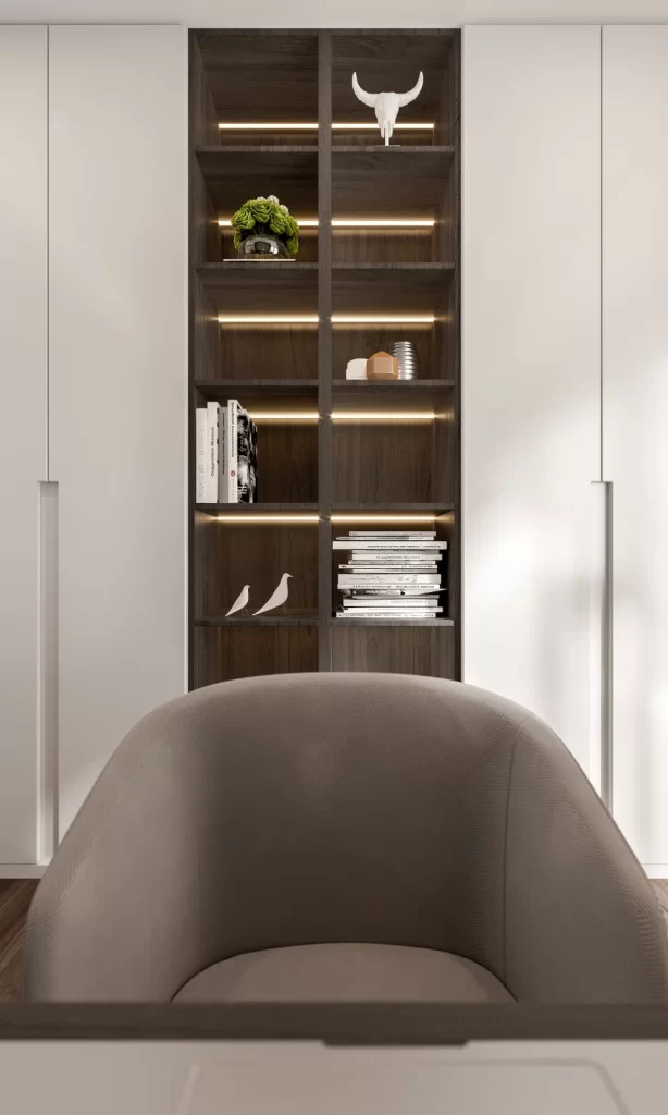 Minimalist Interior Design Neutral Color Palette Wooden Bookshelf Soft Lighting Decorative Objects