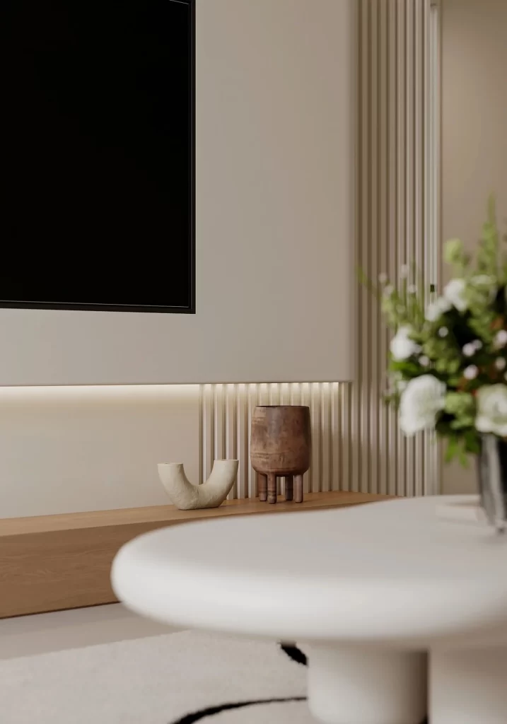 Minimalist Interior Neutral Colors Wooden Texture Modern Furniture Soft Lighting