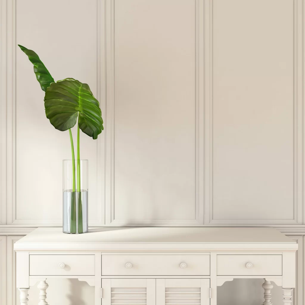 Minimalist Interior with Tropical Leaf in Glass Vase