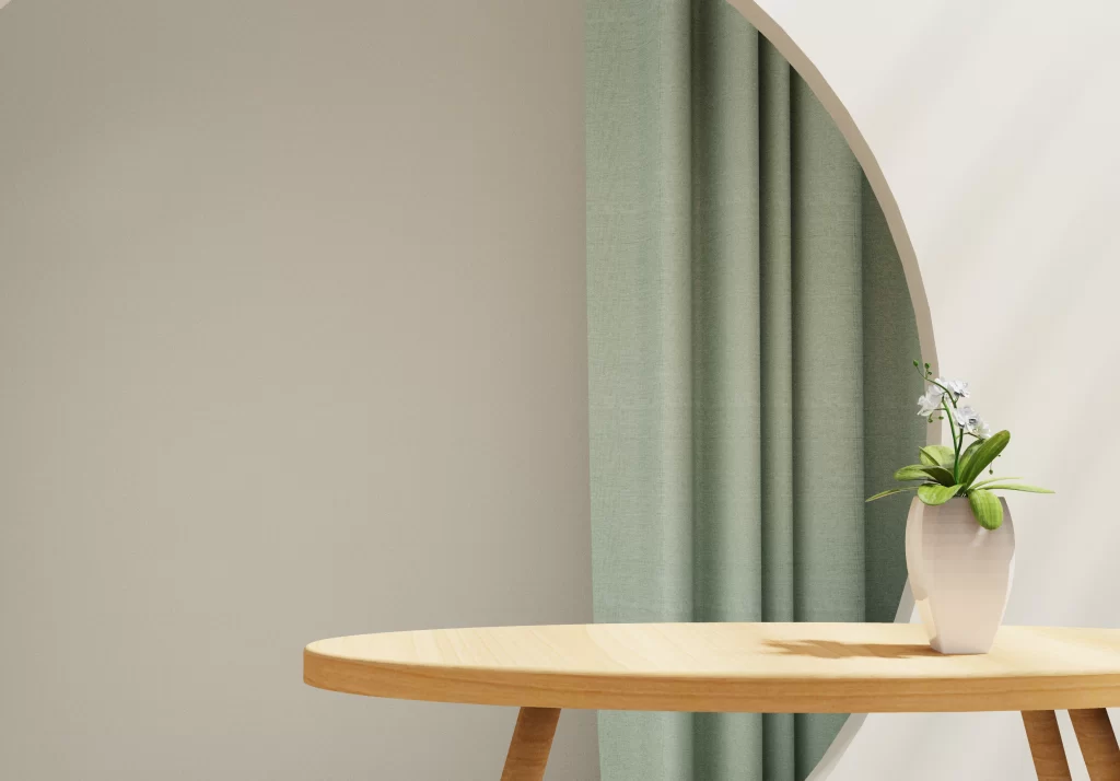 Minimalist Interior with Wooden Table and White Orchid