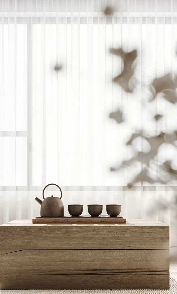 Minimalist Japanese Tea Set Wooden Tray Natural Light White Curtains