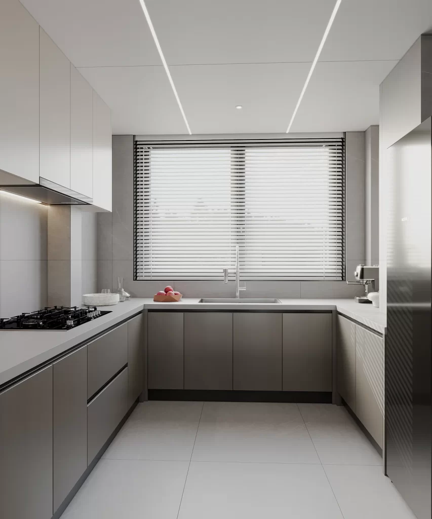 Minimalist Kitchen Neutral Tones Large Window Integrated Appliances Clean Lines