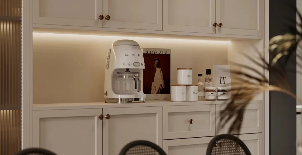 Minimalist Kitchen White Cabinets Coffee Maker Canisters Natural Light