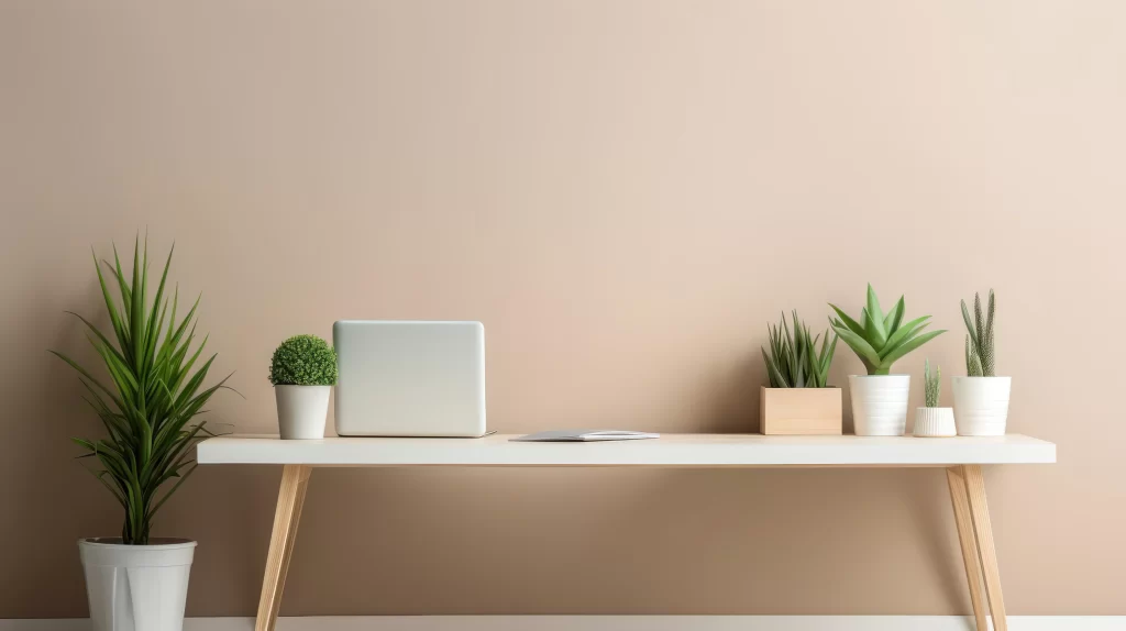 Minimalist Modern Workspace with Laptop and Potted Plants