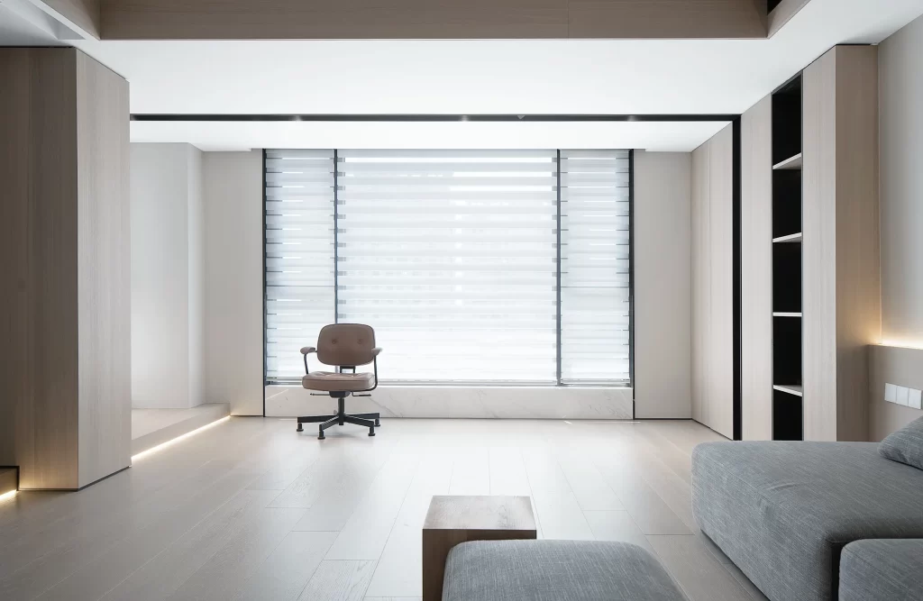 Minimalist Office Neutral Tones Wooden Furniture Soft Lighting