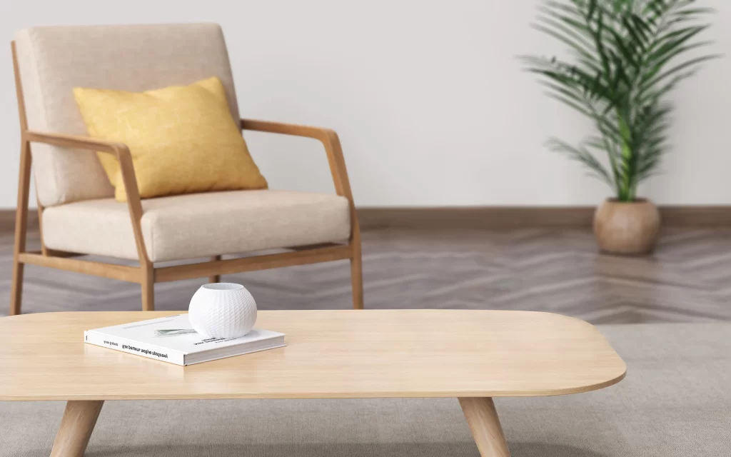 Minimalist Scandinavian Living Room with Wooden Armchair and Coffee Table