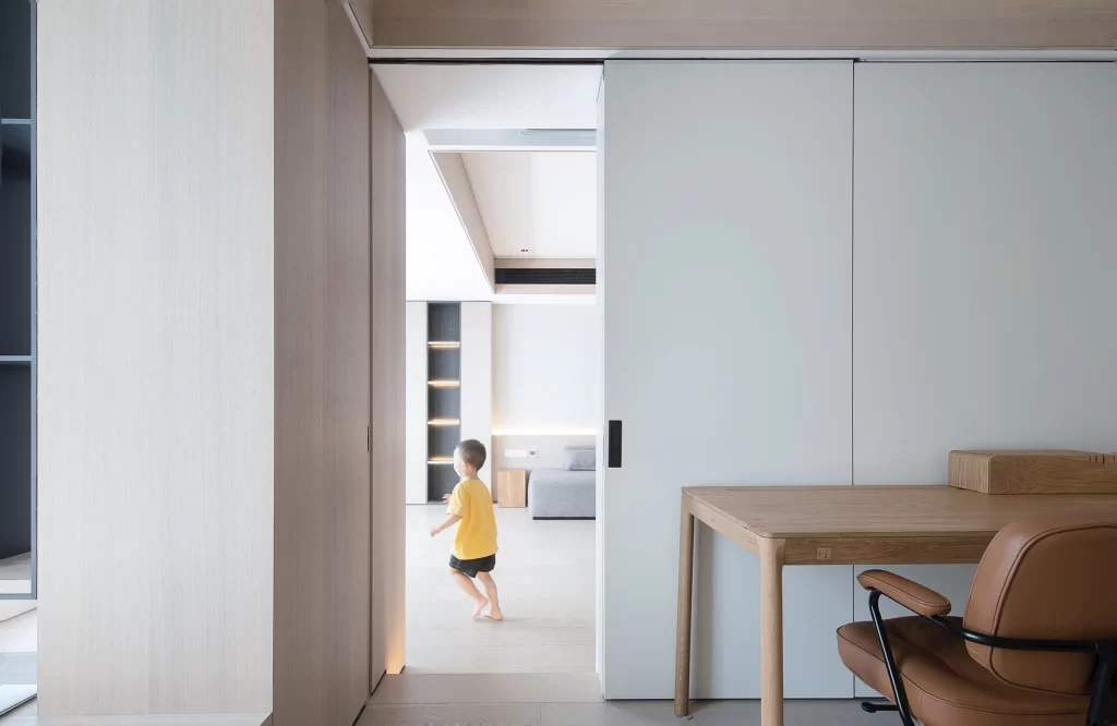 Minimalist Study Neutral Tones Wooden Furniture Soft Lighting