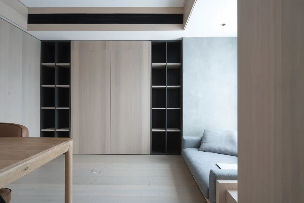 Minimalist Study Neutral Tones Wooden Furniture Soft Lighting