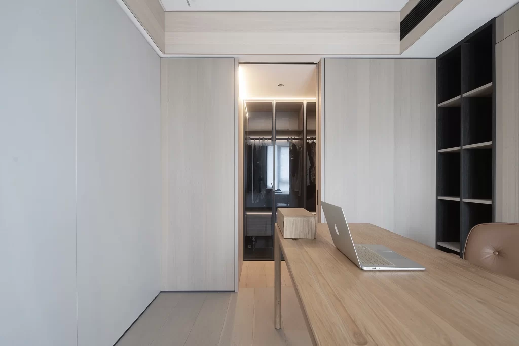 Minimalist Study Neutral Wood Desk Open Shelving Soft Lighting