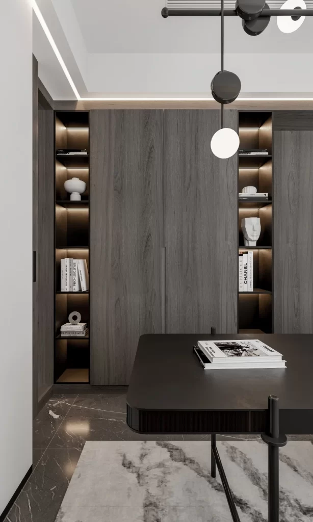 Minimalist Study Room Dark Wood Bookshelf Black Table White Lighting