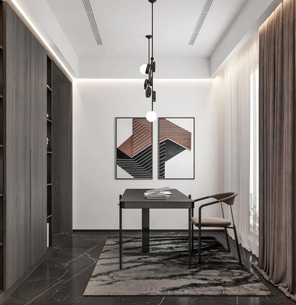 Minimalist Study Room Dark Wood Desk Abstract Artwork Neutral Tones Natural Light