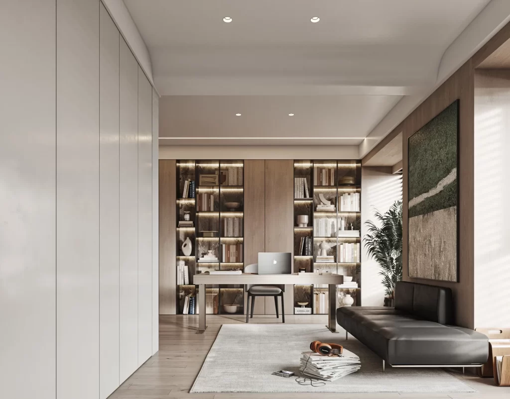 Minimalist Study Room Neutral Tones Bookshelves Natural Light Modern Furniture