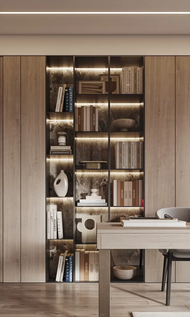 Minimalist Study Room Wooden Bookshelf Neutral Tones Soft Lighting