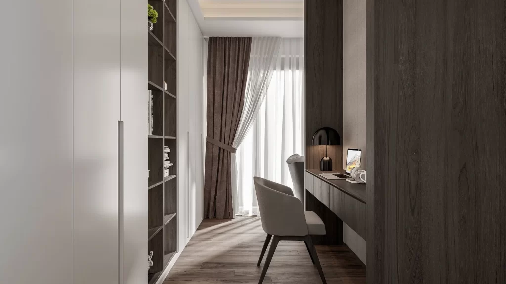 Minimalist Study Room Wooden Desk Grey Chair Bookshelf Natural Light Neutral Tones