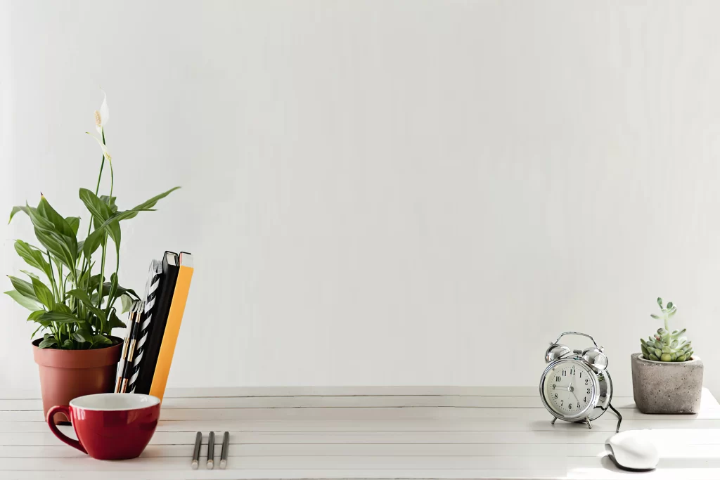 Minimalist White Desk Workspace with Plants and Coffee