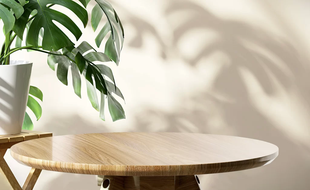 Minimalist Wooden Table and Monstera Plant in Bright Interior