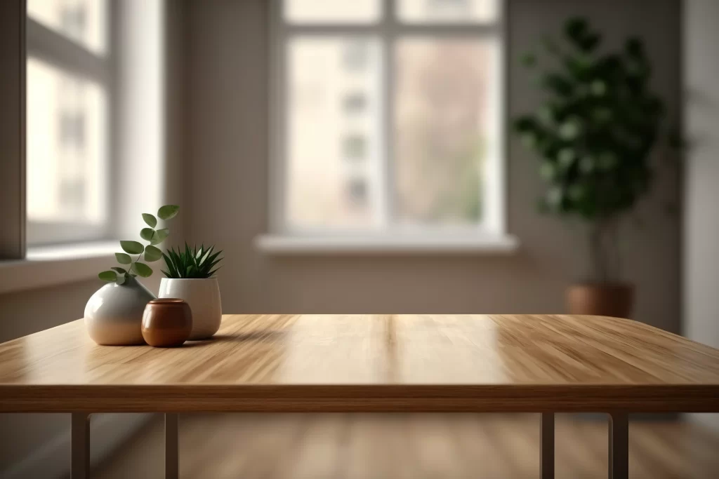Minimalist Wooden Table with Home Decor and Plants