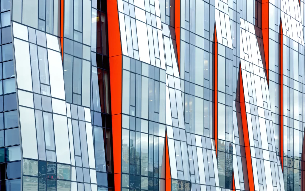 modern architecture geometric patterns glass facade vibrant colors urban design