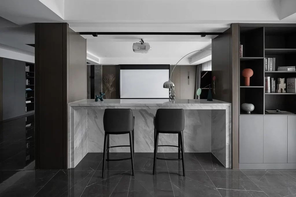 Modern Bar Area Monochrome Palette Sleek Countertop High Stools Minimalist Decor