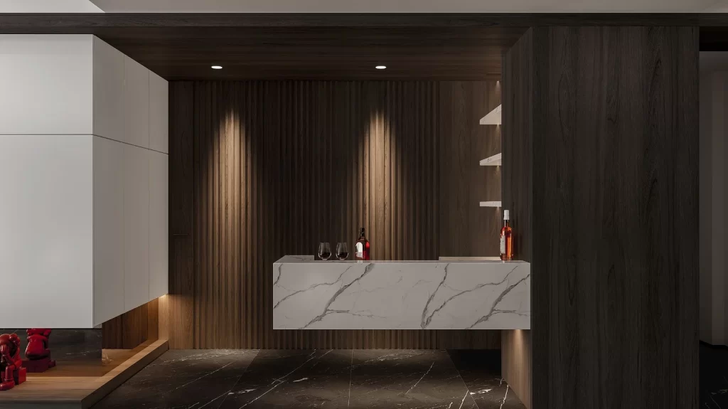 Modern Bar Marble Countertop Wine Bottles Ambient Lighting Dark Wood Paneling