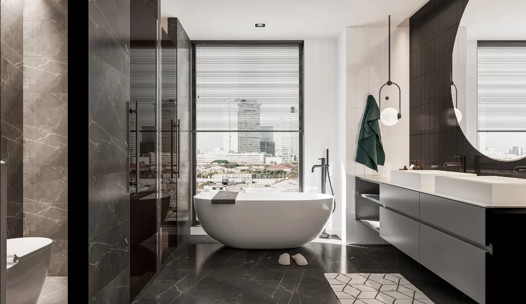 Modern Bathroom Freestanding Tub Marble Walls Large Window City View Minimalist Design