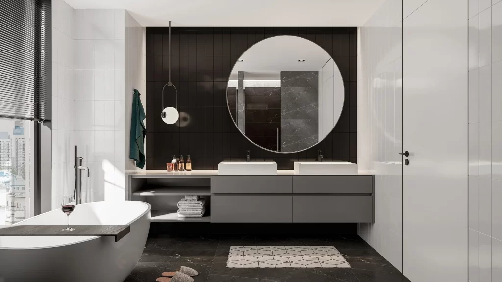Modern Bathroom Minimalist Design Large Mirror Neutral Tones