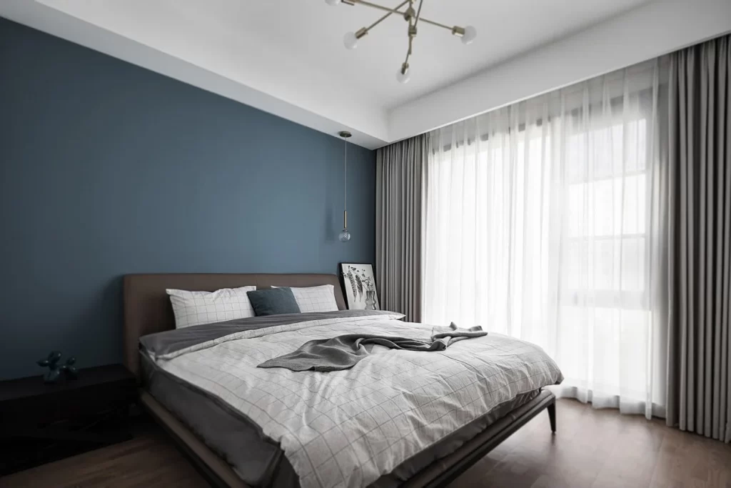Modern Bedroom Blue Walls Neutral Tones Minimalist Bed
