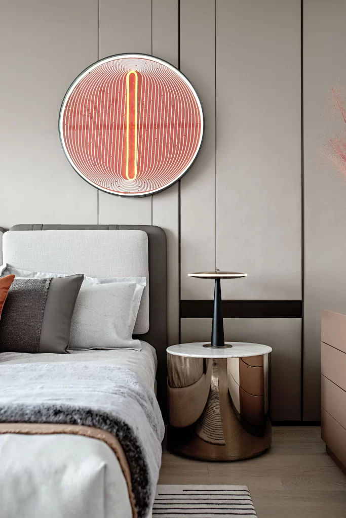 Modern Bedroom Neutral Color Scheme Minimalist Design Round Wall Art Bedside Table