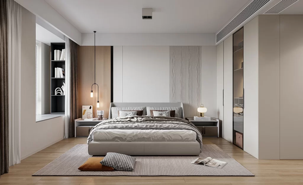 Modern Bedroom Neutral Colors Cozy Ambiance Soft Lighting