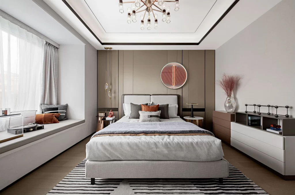 Modern Bedroom Neutral Colors Minimalist Design Soft Lighting Cozy Atmosphere