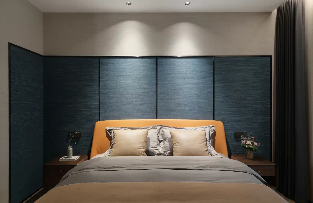 Modern Bedroom Neutral Tones Blue Accents Minimalist Bed
