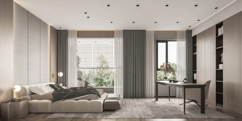 Modern Bedroom Neutral Tones Minimalist Bed Desk Natural Light