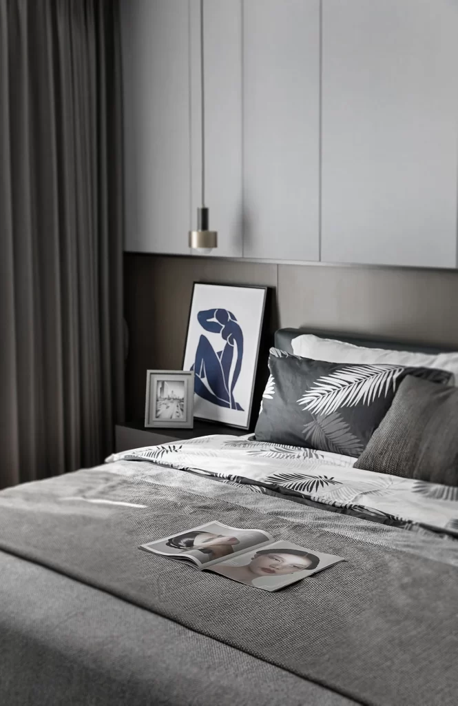 Modern Bedroom Neutral Tones Minimalist Bedside Table Artistic Decor