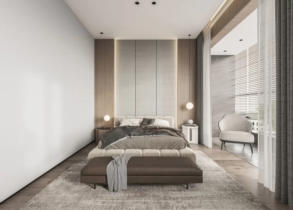 Modern Bedroom Neutral Tones Minimalist Bedside Table Pendant Lights