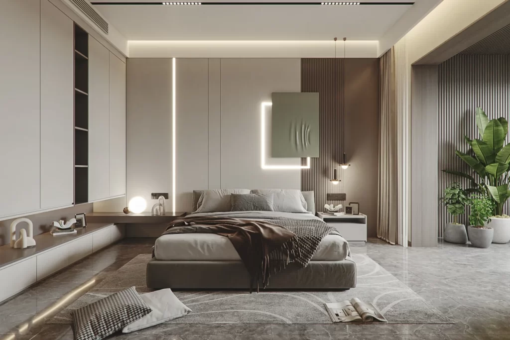Modern Bedroom Neutral Tones Minimalist Design Soft Lighting Greenery