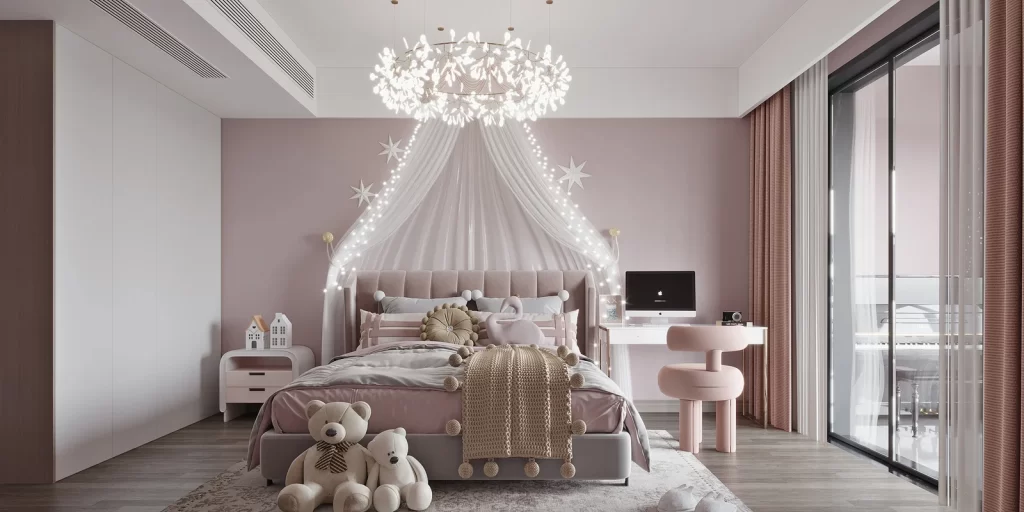 Modern Bedroom Pink Walls White Bedding Soft Lighting Cozy Atmosphere
